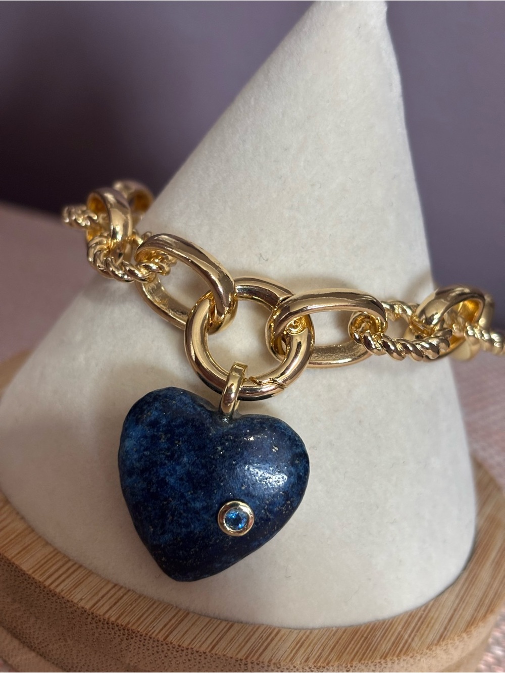Carabiner Gold Link Bracelet with Genuine Blue Lapis Stone Heart Charm